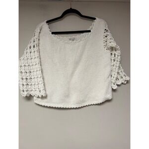 RICO White‎ Crochet Sleeve Knit Sweater Top Boat Neck Bell Sleeve M
